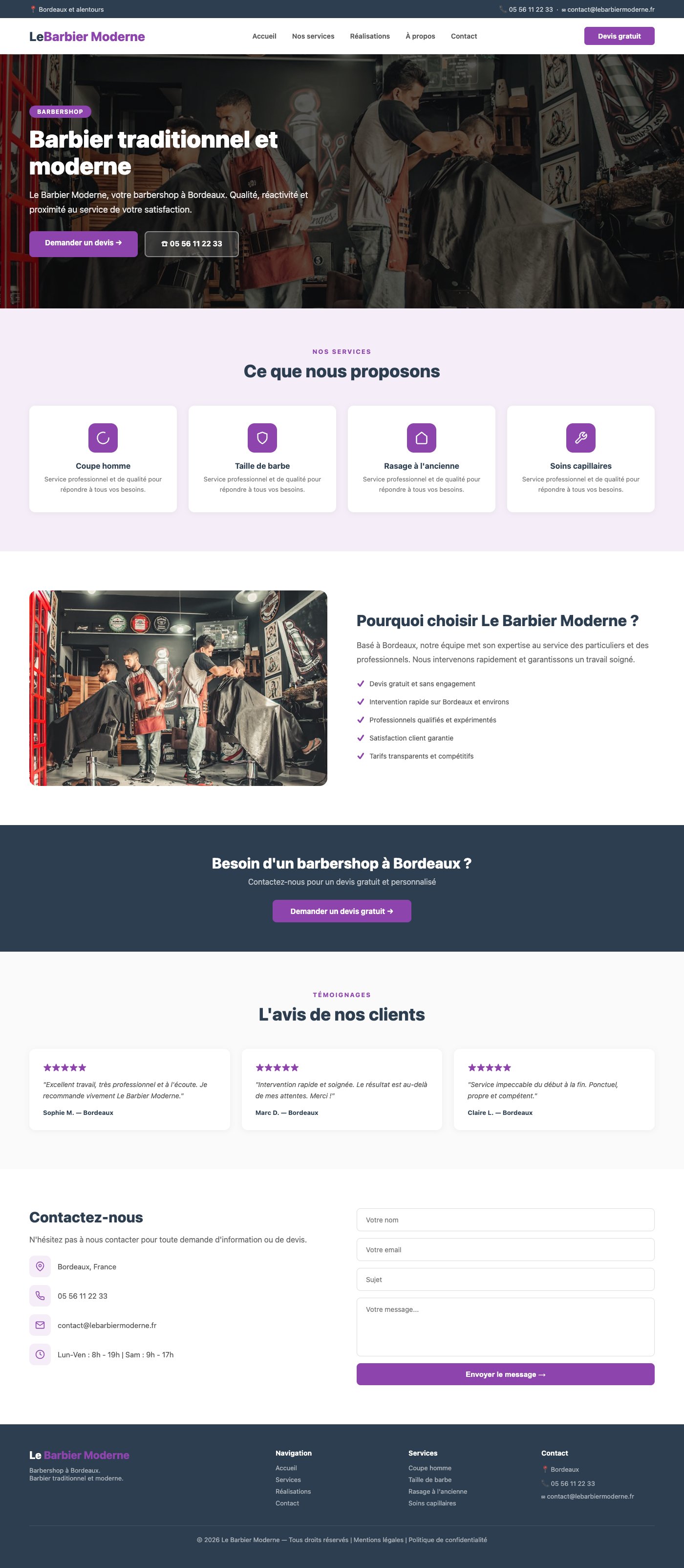 Site vitrine Le Barbier Moderne barbershop Bordeaux
